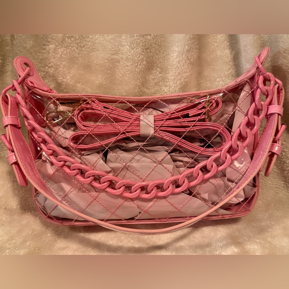 Steve Madden Clear Bubble Gum Pink Quilted Shoulder Crossbody Bag Matching Chain - Picture 7 of 16